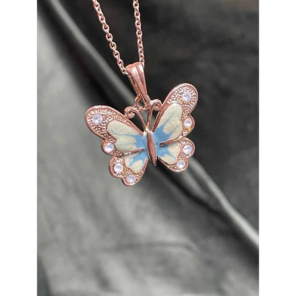 Silver Tone Butterfly Pendant Necklace Blue Enamel Crystal Accents 18 Inch Chain
